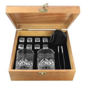 Keep Your Drinks Chilled Whiskey Glasses and Stones Gift Set 2 Large 7oz Whiskey Glasses Velvet Bag and Tongs in Handcrafted Wooden Box 8 Cooling Stones 